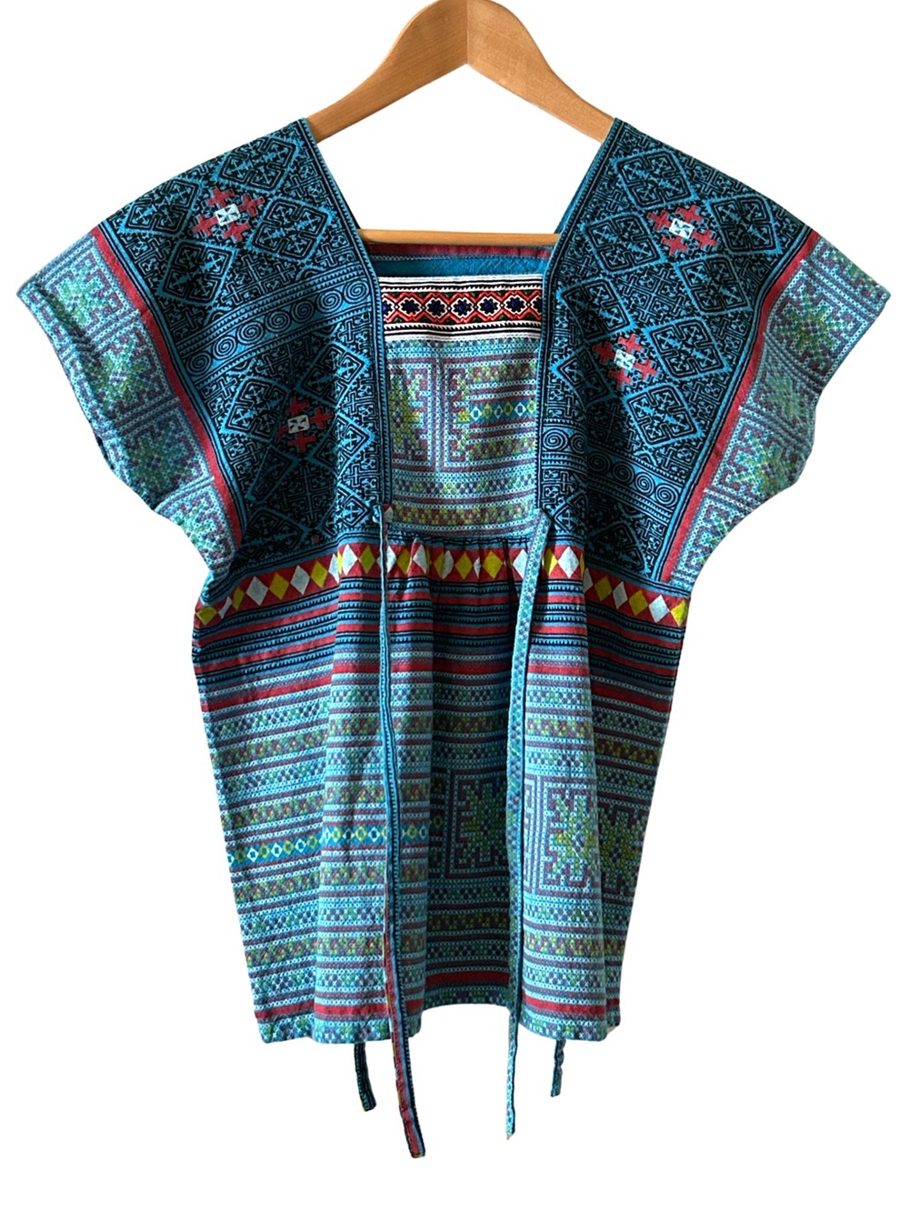 Ethnic Thai Embroidered Cross Stitch Short Sleeve Top - Turquoise, Red, Yellow